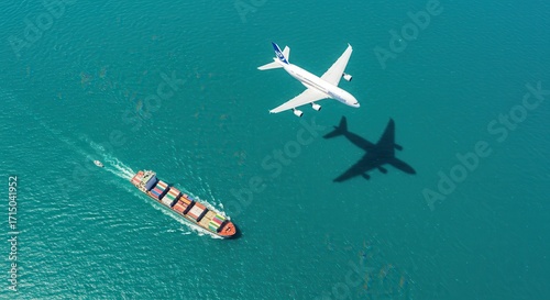 Airplane flying over cargo ship in ocean