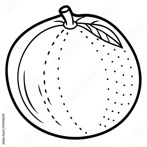 Simple black and white illustration of an orange fruit with a leaf and stem silhouette isolated on white background