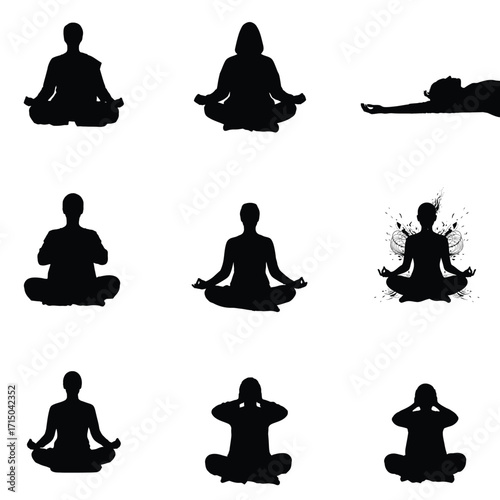 Collection of silhouette illustrations depicting various yoga poses meditation practices and relaxation techniques for wellness and mindfulness promotion