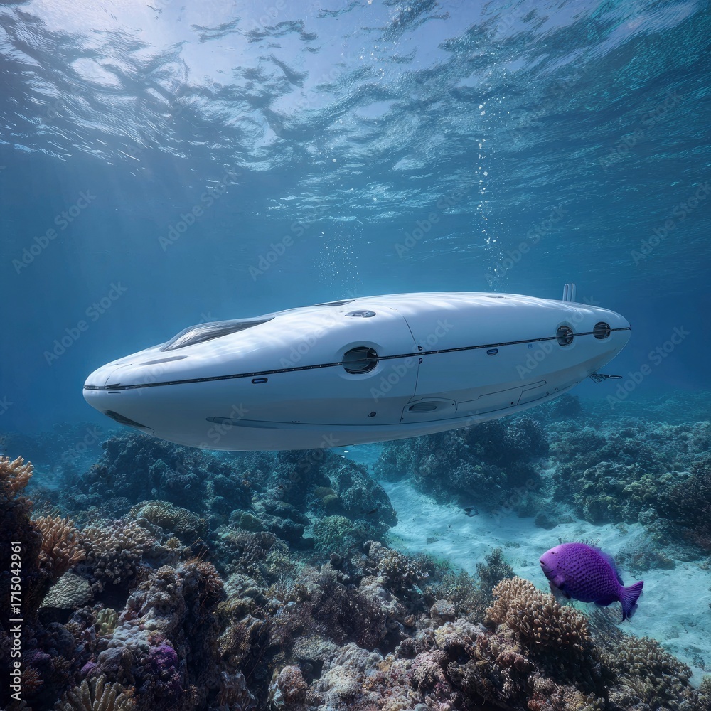 Fototapeta premium White submersible explores vibrant coral reef