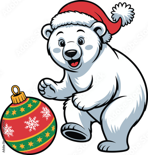 Cute polar bear wearing santa hat plays with christmas ornament