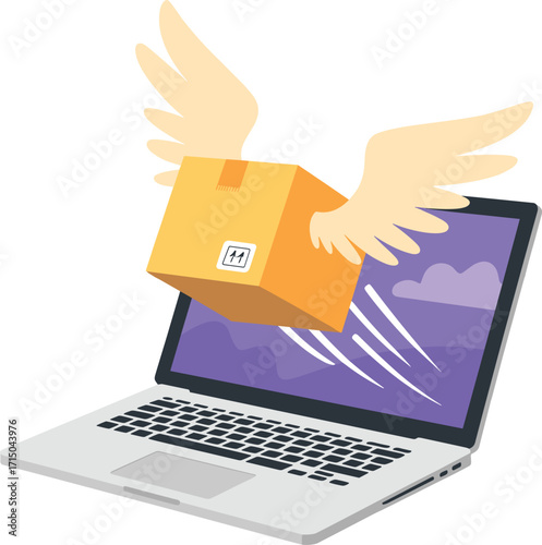 Fast delivery package flying out of laptop screen