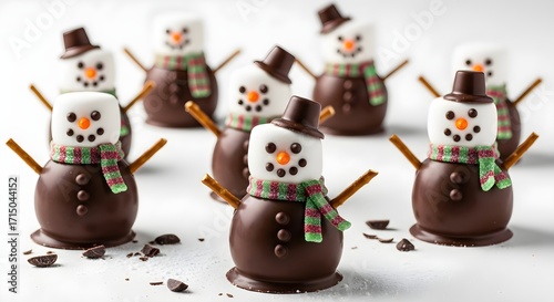 Adorable snowman treats made from chocolate, marshmallows, and pretzels wear scarves and hats, with candy faces and stick arms. These festive, creative desserts bring winter holiday cheer to any table