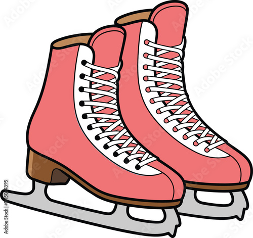 Pair of pink ice skates with white laces and silver blades