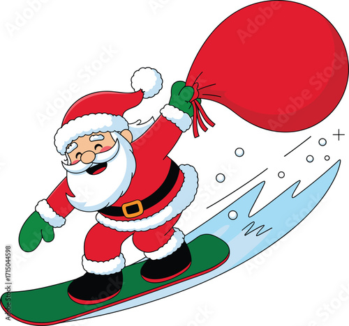 Santa claus snowboarding downhill with a large gift bag