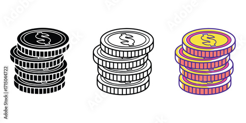 Stacks of us dollar coins showing financial wealth and monetary value vector