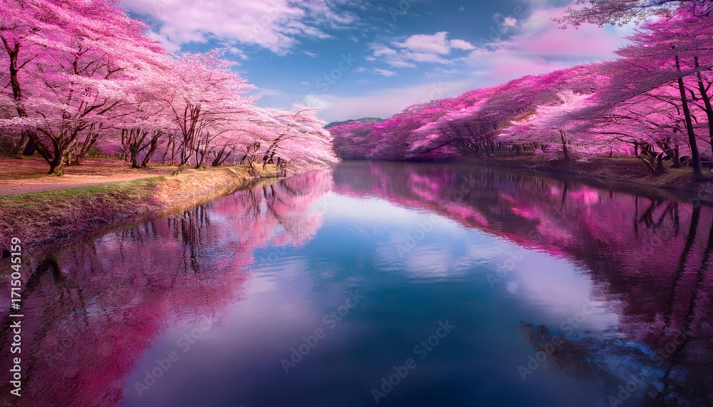 A Pink Whimsical Forest By A Tranquil Waterway