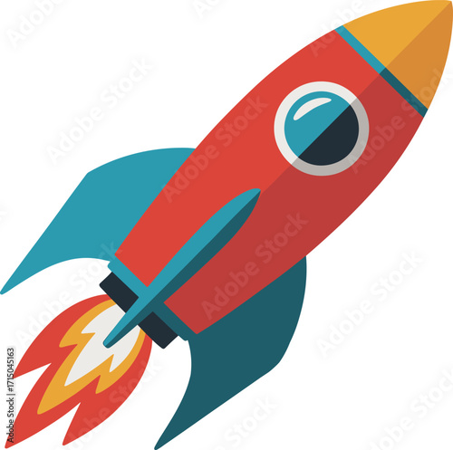 Cartoon rocket ship launching with fiery exhaust