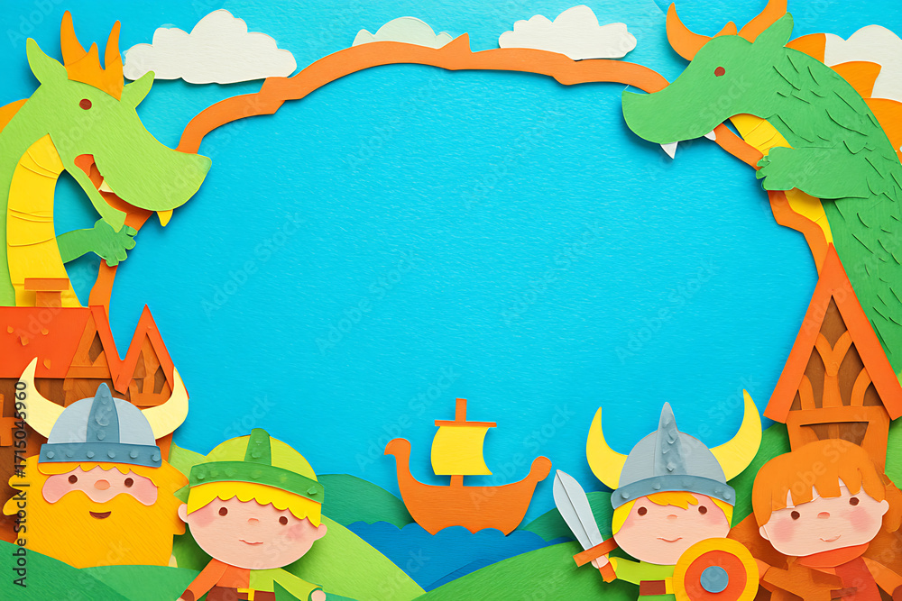 Obraz premium viking and dragon art, a framed d collage with clear center for text, bordered by friendly vikings and dragons viking landscape in background