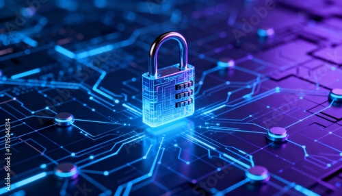 abstract representation of cybersecurity, digital lock floating over glowing network, blue and purple color palette, sci-fi design, tech matrix, sharp lighting