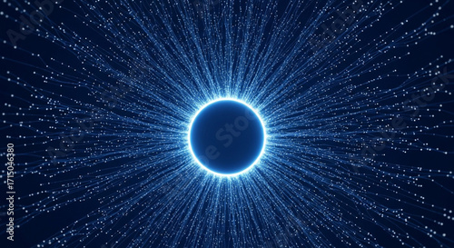 A blue glowing sphere surrounded by radiating lines and dots on a dark blue background design element