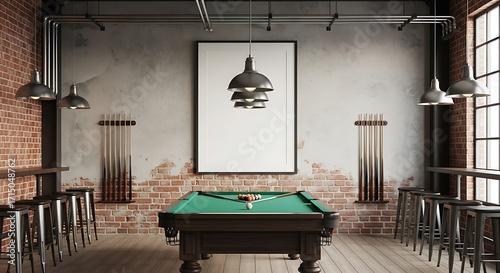 Modern billiard room interior with pool table and contemporary art display above