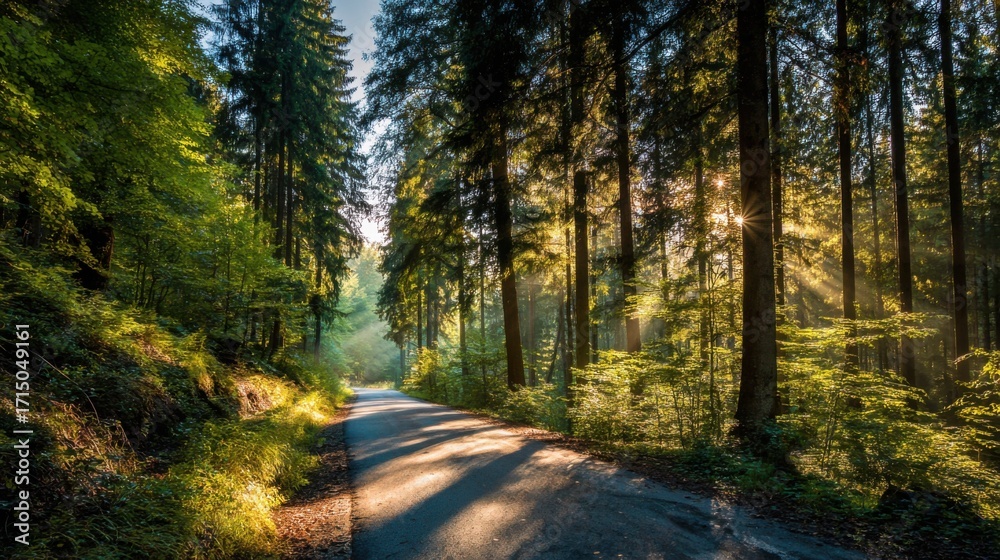 Obraz premium A peaceful forest path is illuminated by warm sunlight filtering through tall trees. The scene captures the serene beauty of nature in the early morning inviting exploration.