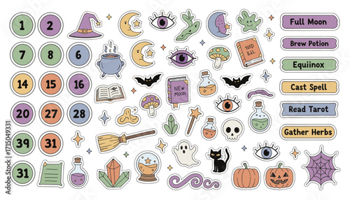 Whimsical magic and witchy elements doodle sticker collection on white background