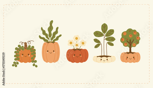 Whimsical smiling pumpkins as planters nurturing diverse plants and a fruit tree