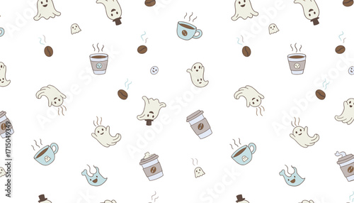 Charming seamless pattern with cute cartoon ghosts steaming coffee cups and coffee beans