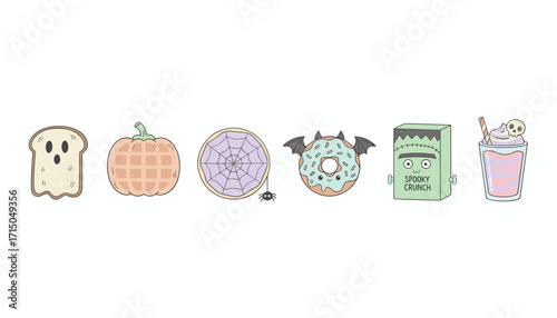 Sweet and spooky Halloween treats and drinks illustrations ghost toast bat donut pumpkin waffle