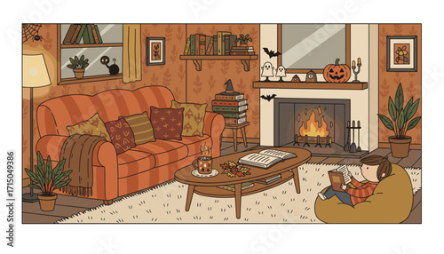 Cozy autumn evening child reads by a Halloweendecorated fireplace in a warm inviting living room