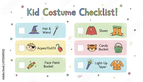 Colorful costume checklist for kids dressup Halloween or party fun Playful illustration