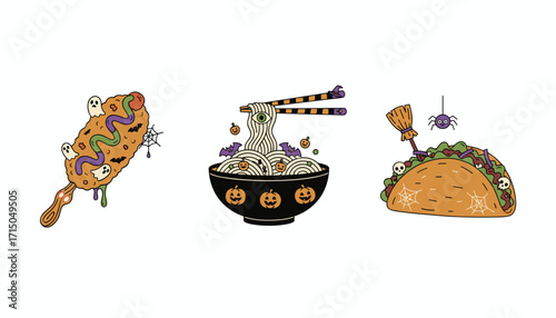 Spooky Halloween food illustration set corn dog ramen and taco with festive elements