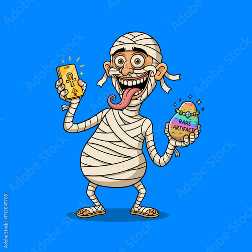 Excited mummy with a glowing golden smartphone and a valuable rare artifact