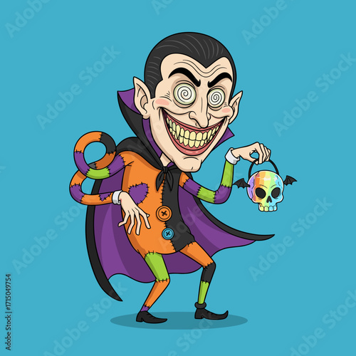 Smiling cartoon vampire in a quirky costume holds a rainbow skull bucket perfect for Halloween fun