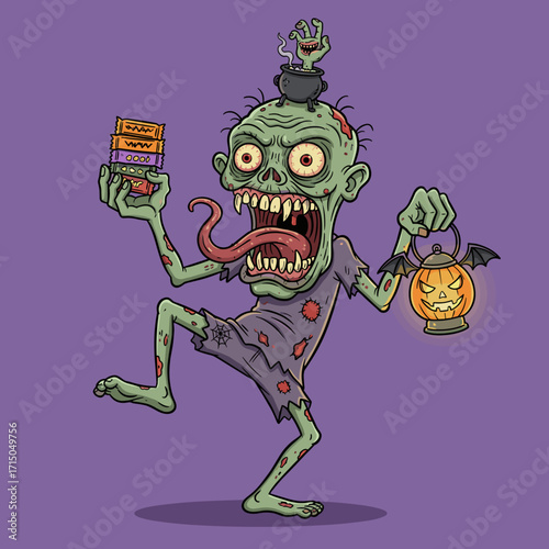Zombie with candy and pumpkin lantern ready for Halloween trickortreating