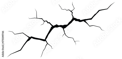 Abstract black crack illustration on white background. Jagged, irregular lines with branching fissures create depth. Bold, graphic style, clean composition, symbolizing break or separation.