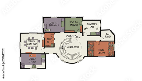Illustrated haunted house floor plan scary rooms for Halloween fantasy and mystery concepts