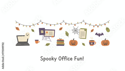 Playful Halloween office ghost pumpkins autumn leaves and work essentials