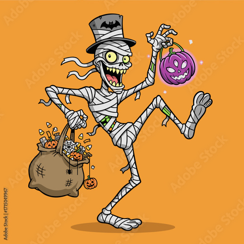 Happy mummy trickortreating with candy sack and glowing pumpkin pail on Halloween night Fun holiday
