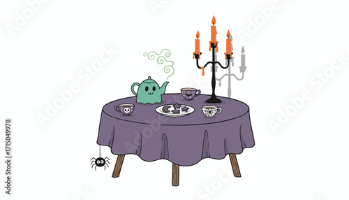 Spooky Halloween tea party with ghost teapot skull cups cookies and candlelight Festive holiday fun