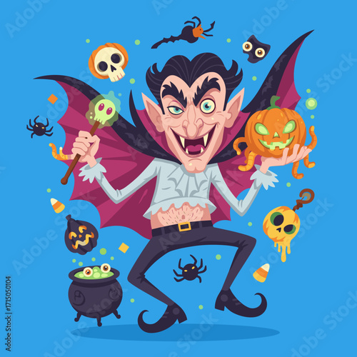 Playful vampire with spooky Halloween elements like pumpkins skulls and spiders on blue background
