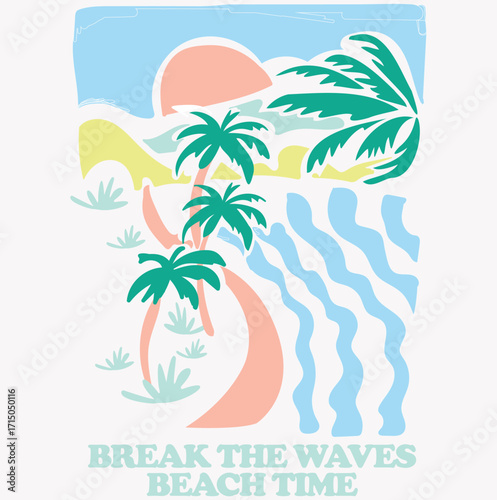 summer background with palm trees and water waves and sun