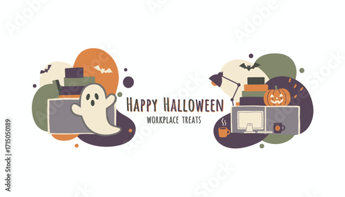 Festive Halloween office cubicles with ghost pumpkin and bats for seasonal workplace joy