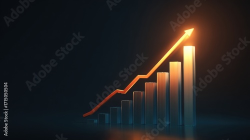 A growth chart is featured prominently showcasing increasing values with vertical bars and a bright upward arrow. This presentation emphasizes positive financial or business trends.