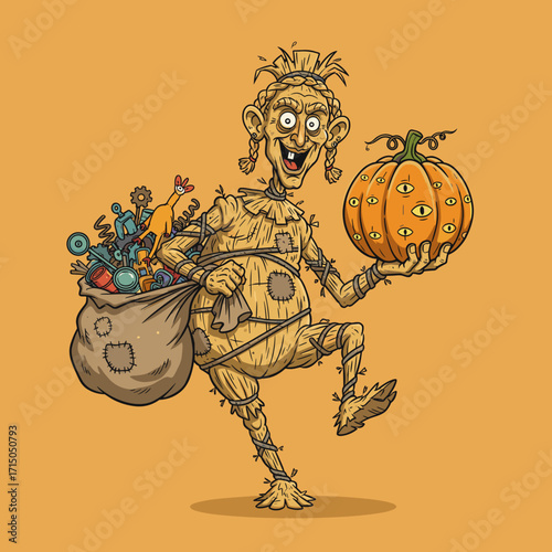 Whimsical straw character holding an eyed pumpkin and a sack of collected curiosities for Halloween
