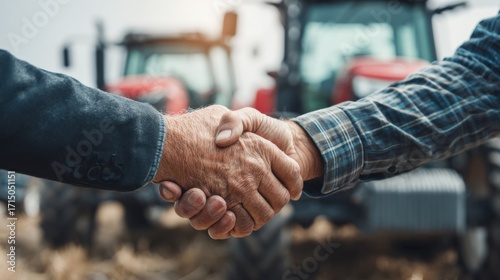 Two individuals engage in a handshake signifying a business partnership on an agricultural site with red tractors parked in the background under bright daylight.