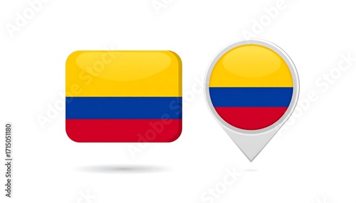 Two representations of the Colombian flag, one a rectangular button, and the other a location marker, both showcasing vivid yellow, blue, and red colors against a white background. Free Download Two representations of the Colombian flag, one a rectangular button, and the other a location marker, both showcasing vivid yellow, blue, and red colors against a white background. - GFXLoad