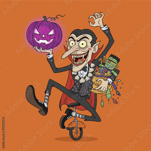 Spooky cartoon Dracula on a unicycle with glowing jackolantern and Halloween candy