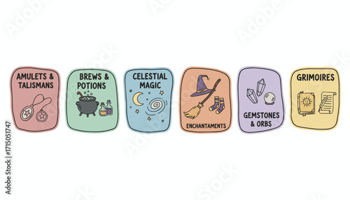 Charming magical icons representing witchcraft fantasy and occult themes perfect for designs