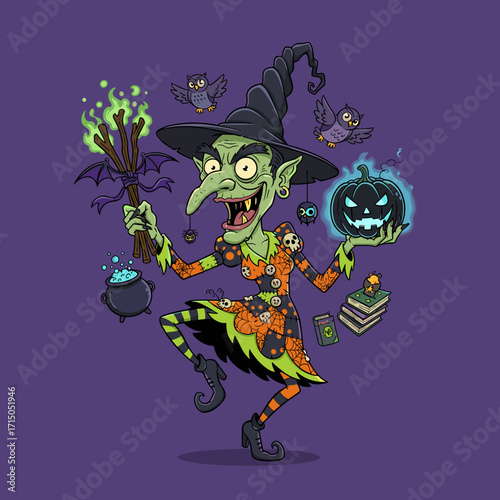 Mischievous Halloween witch with glowing pumpkin spell bats spiders and owls