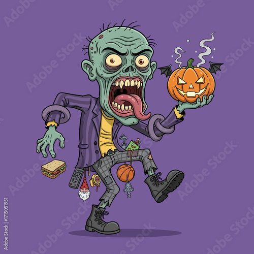 Funny zombie monster holding a glowing Halloween pumpkin perfect for spooky holiday promotions