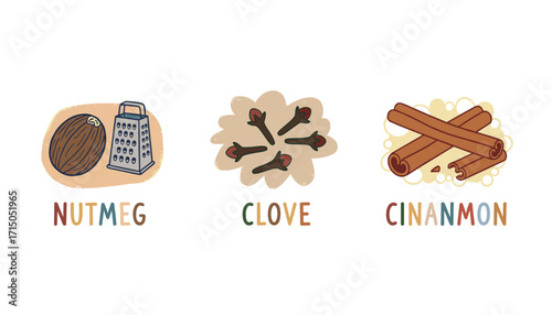 Illustrated spices nutmeg clove cinnamon Perfect for food recipes and culinary concepts