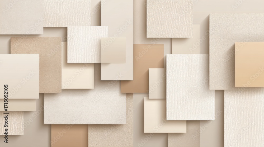 A composition of overlapping geometric shapes in shades of beige and cream creates a textured abstract design. The arrangement offers depth and visual interest on a light background. A composition of overlapping geometric shapes in shades of beige and cream creates a textured abstract design. The arrangement offers depth and visual interest on a light background.