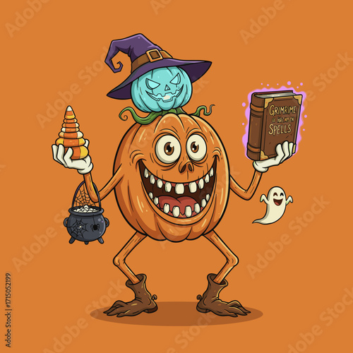 Cheerful Halloween pumpkin holding candy cauldron and spellbook with a ghost friend