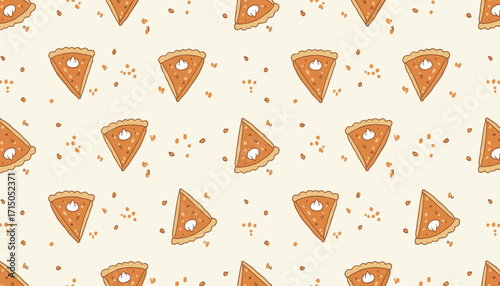 Sweet pumpkin pie slices with whipped cream in a festive seamless autumn dessert pattern