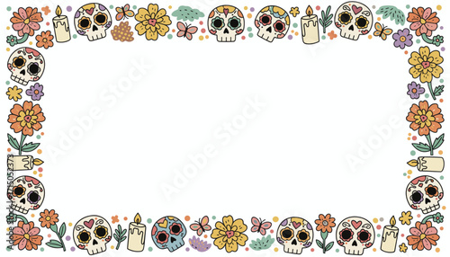 Colorful Day of the Dead frame with sugar skulls flowers and candles on white festive design