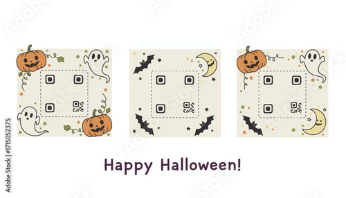 Halloween QR code placeholders with cute pumpkins ghosts bats Festive digital marketing templates