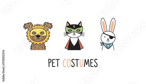 Cute cartoon pets in fun costumes for Halloween or parties dog cat and rabbit characters